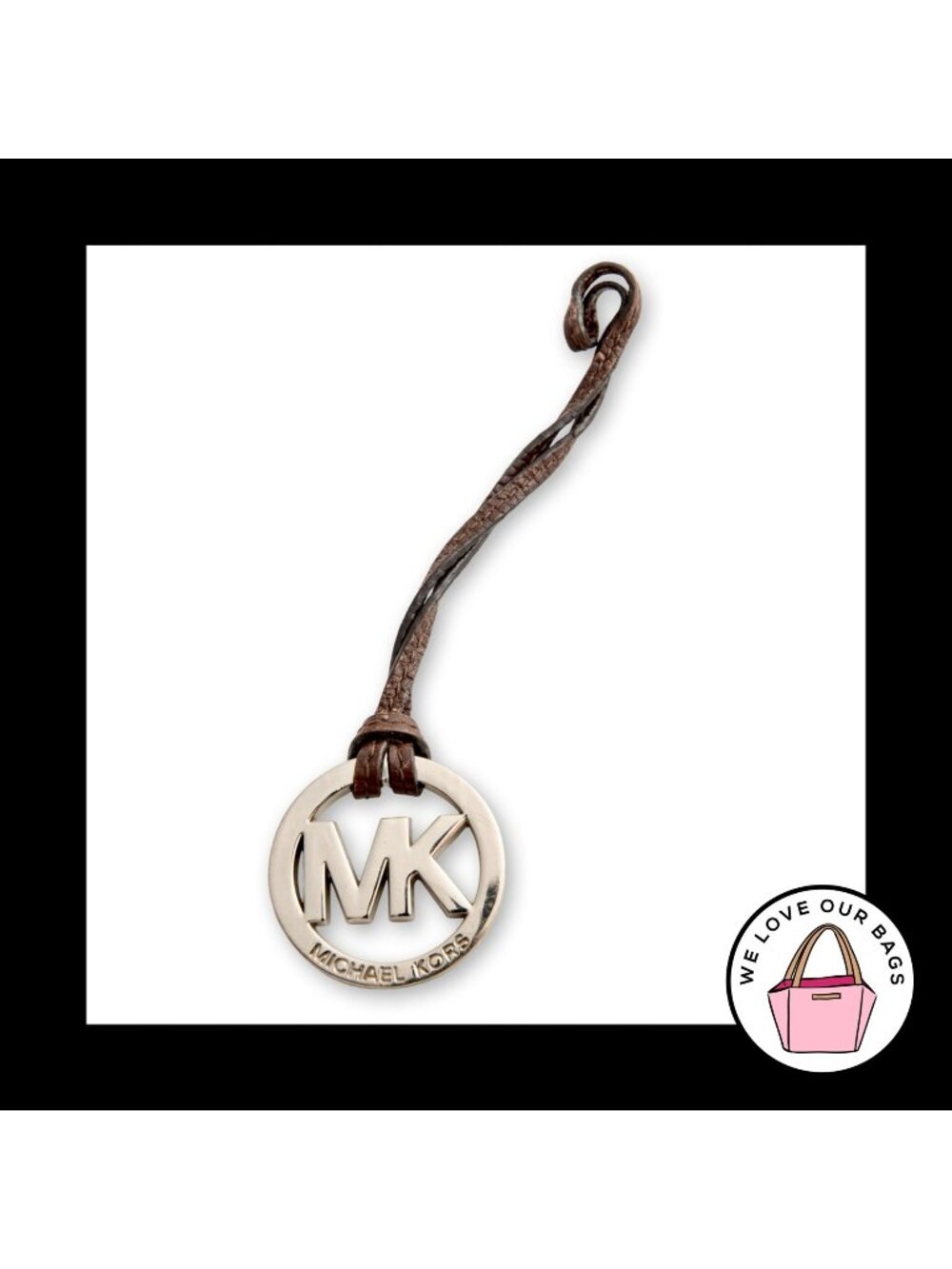 MICHAEL KORS Bag Charm Hang Tag Brown Leather Strap Silver Nickel Keychain Fob
